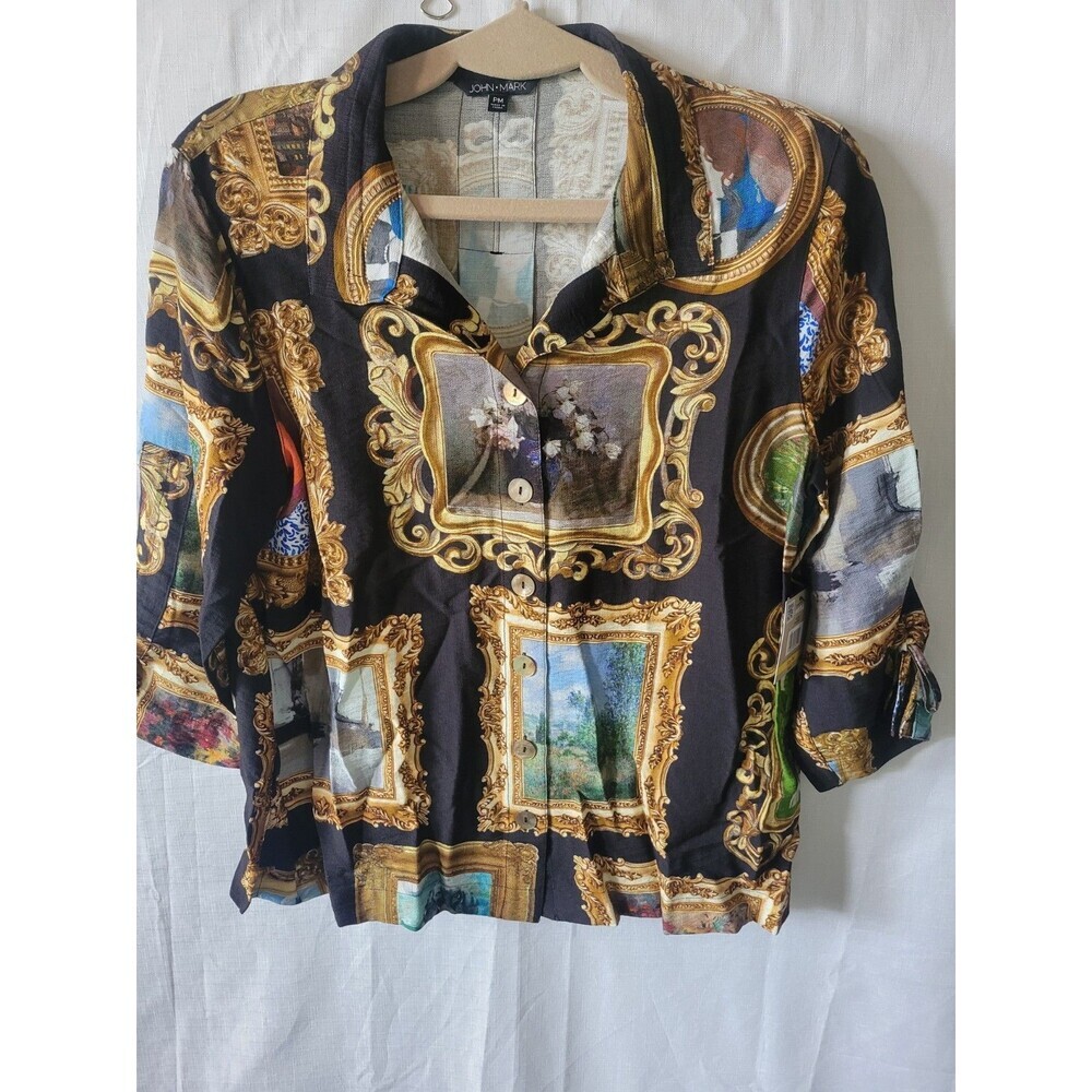 John Mark Womens M Petite Black Museum Painting 3/4 Sleeve Top Shirt Blouse